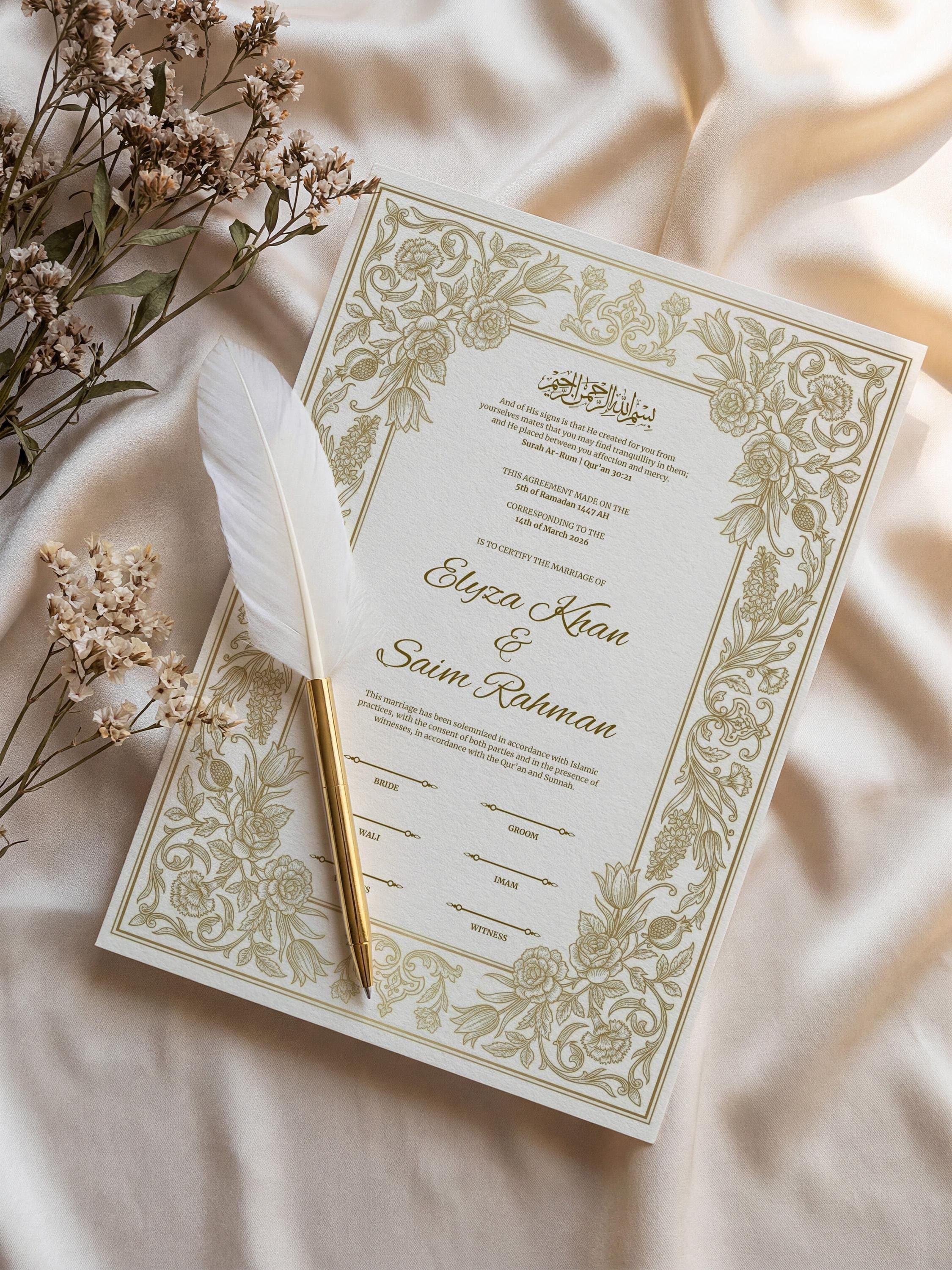 Gold Floral Islamic Nikkah Certificate: Elegant Editable Muslim Wedding Contract, Marriage Canva Template A3-A4 - image 4