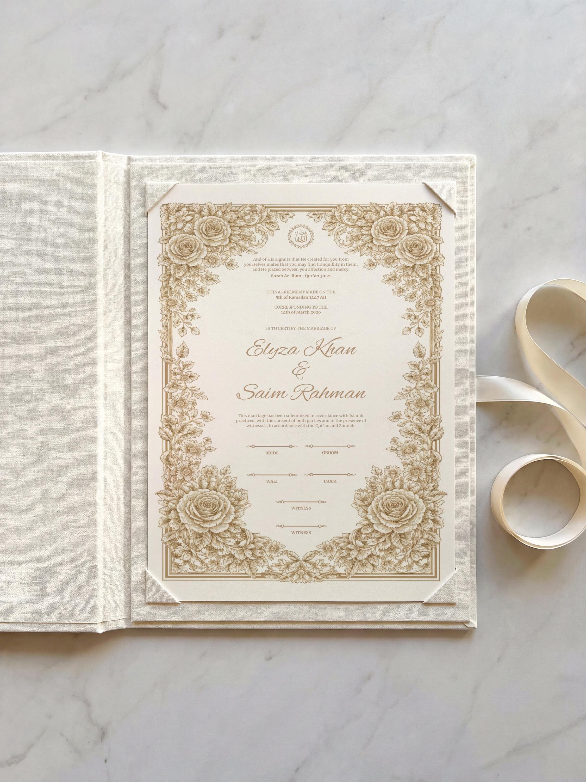 Gold Floral Islamic Nikkah Certificate: Rose Frame Muslim Wedding Keepsake, Romantic Personalized Marriage Contract