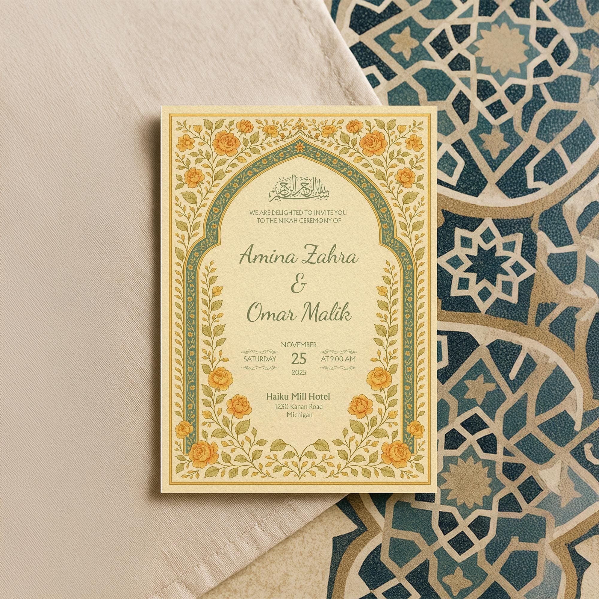 Digital Nikah Invitation Template: Yellow Floral Art Nouveau Wedding Card | WA08