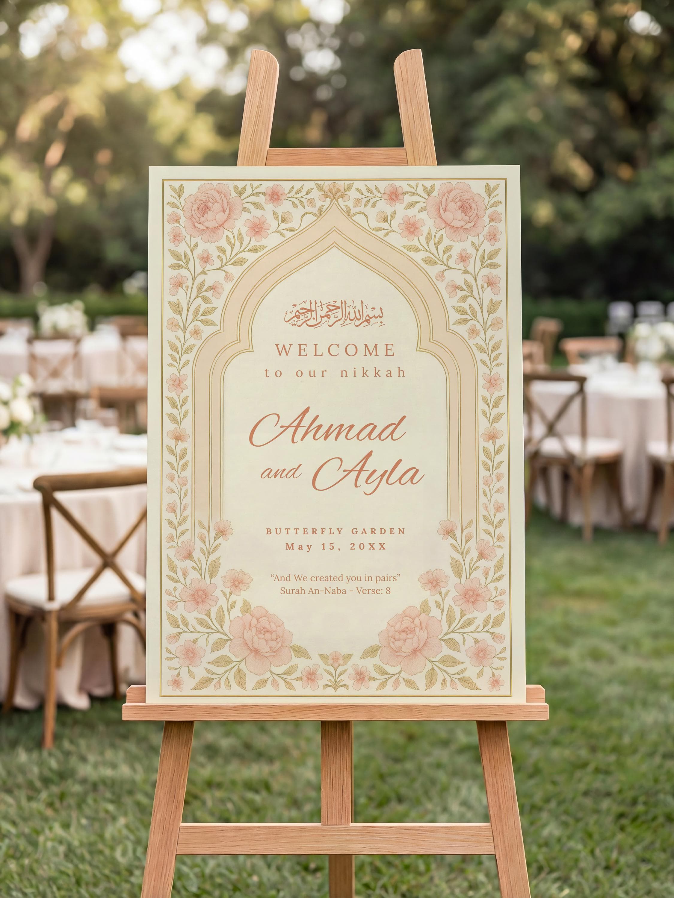 Floral Islamic Wedding Welcome Sign Template: Editable Nikkah Canva Poster, Ceremony & Reception Entrance Board
