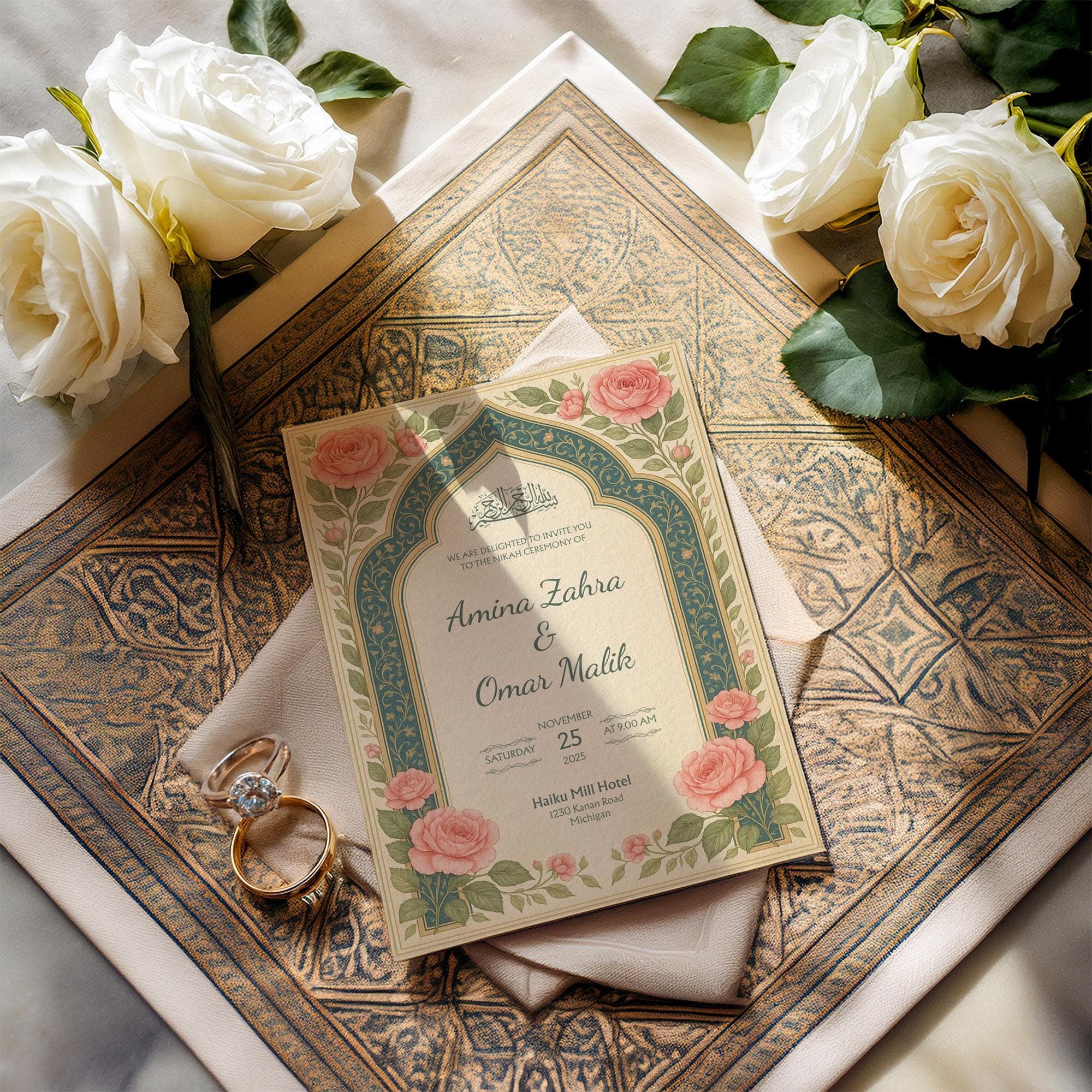 Editable Digital Nikah Invitation Card | Islamic Arch Template with Pink Rose Floral Design and Elegant Arabic Calligraphy | WA10 - image 3