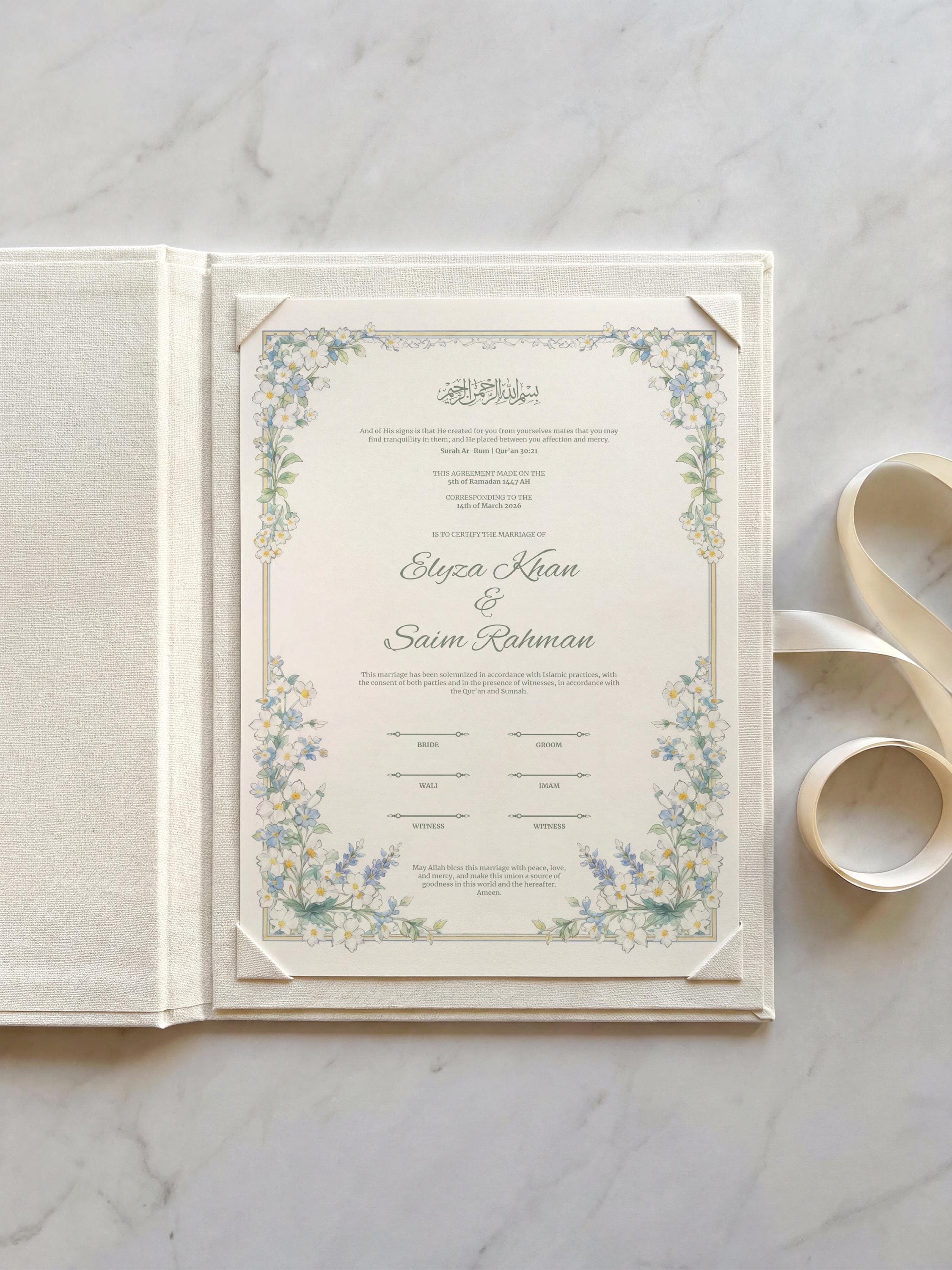 Daisy Floral Islamic Nikkah Certificate: Soft White & Blue Floral Muslim Wedding Contract,  Marriage Template