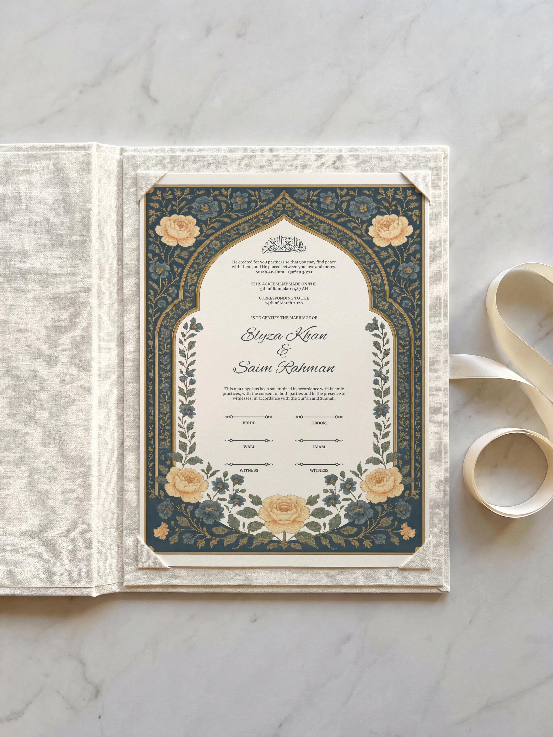 Editable Vintage Floral Muslim Nikkah Certificate | Canva Printable Wedding Contract with Elegant Islamic Arch Design (A3–A4)