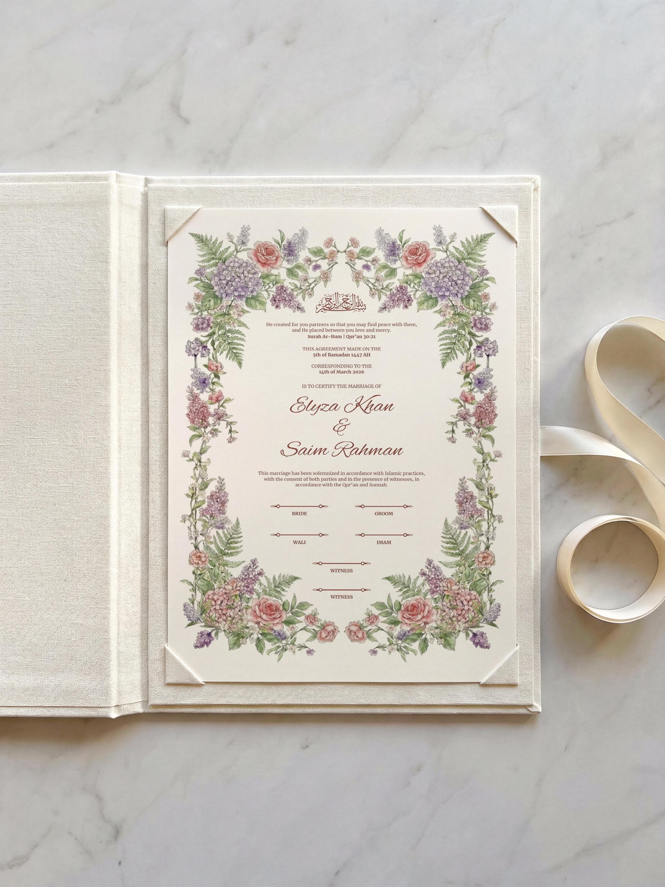 Pastel Floral Islamic Nikkah Certificate: Editable Muslim Wedding Contract (A3 & A4 Canva Template)