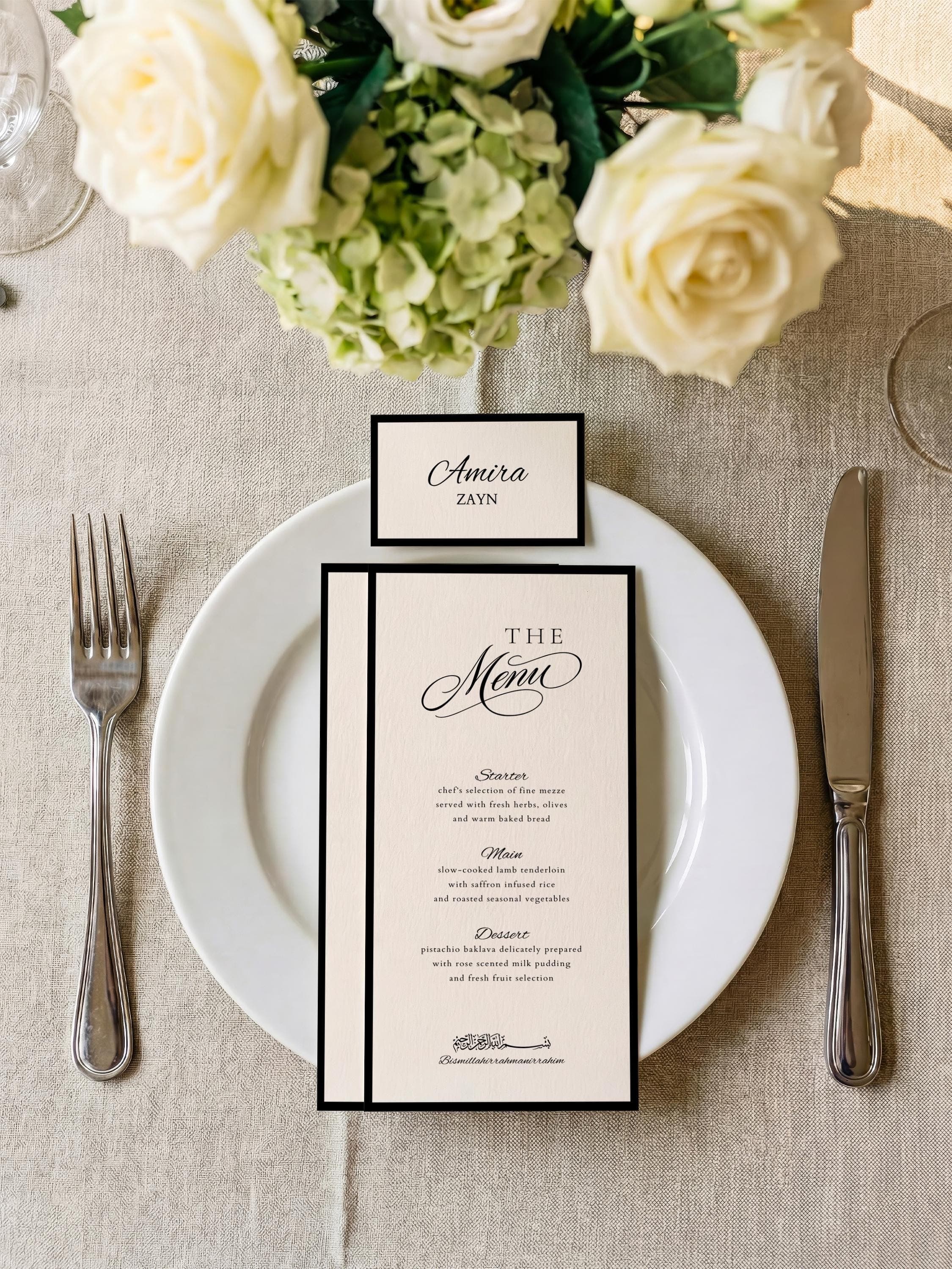 Islamic Wedding Menu & Place Card Template: Elegant Old Money Muslim Nikkah Reception  (Digital Download)