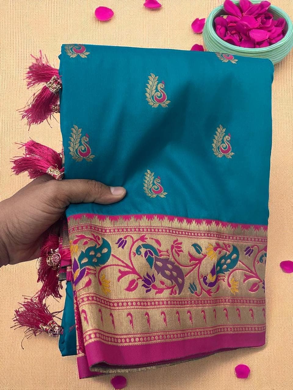Designer Paithani Silk Saree | Peacock Zari Border, Handwoven - image 3