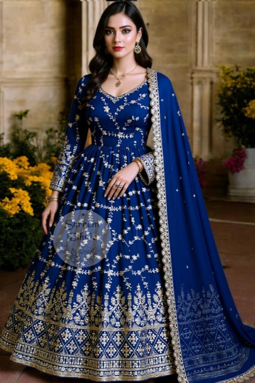 Embroidered Chinon Silk Anarkali Gown, Indian Wedding Outfit
