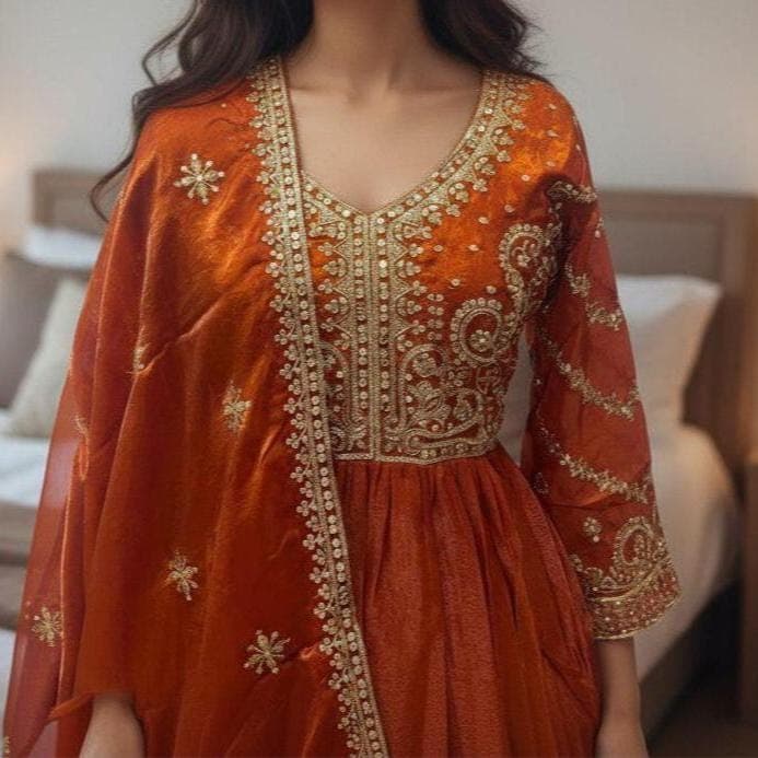Orange Indian Wedding Anarkali Gown with Embroidered Dupatta