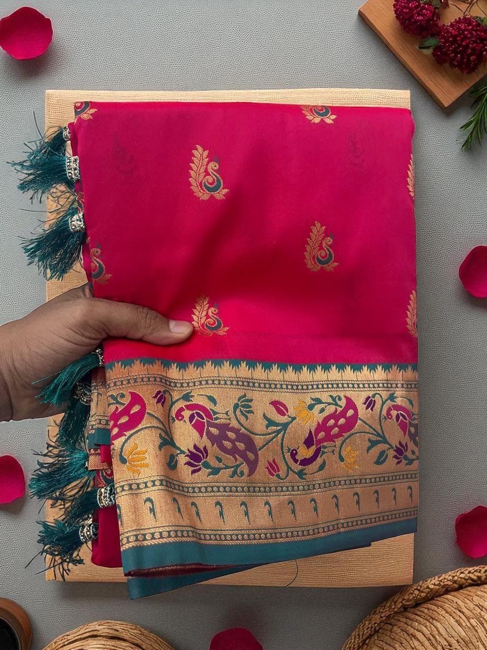 Designer Paithani Silk Saree | Peacock Zari Border, Handwoven