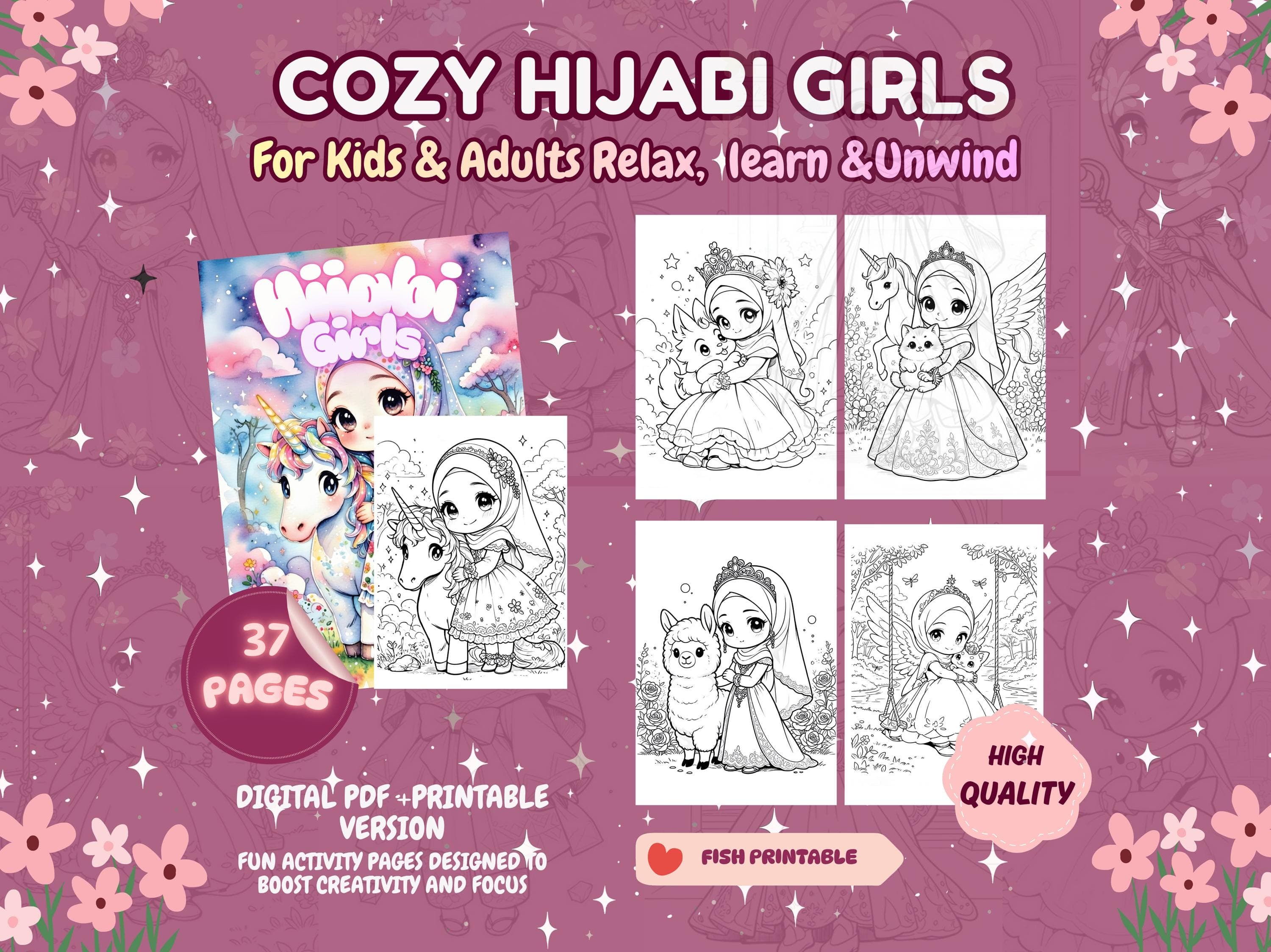 Cozy Hijabi Girls Coloring Book, Kawaii  chibii Islamic Art for Muslim Girls (Digital Download)