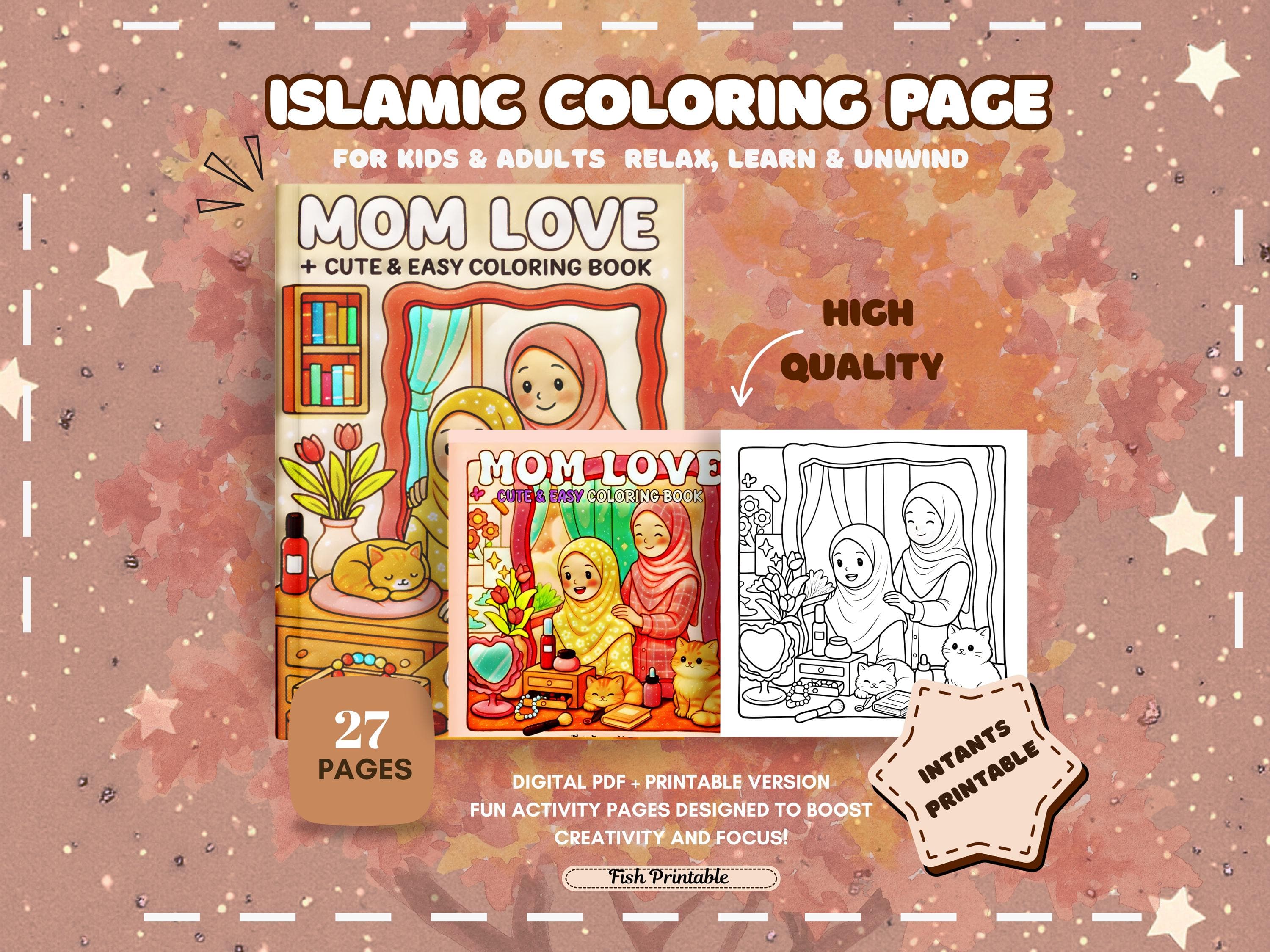 Islamic Mom Love Coloring Book, Cozy Family Scenes, Bold Line Art (Digital Download)