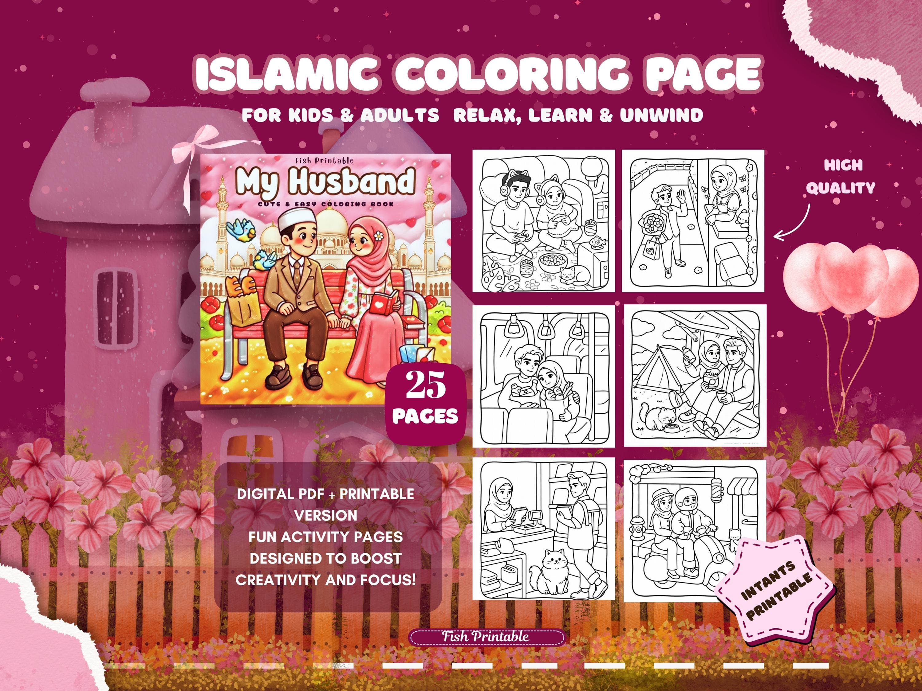 Islamic Husband Coloring Book, Cozy Muslim Couple Scenes (Digital Download)