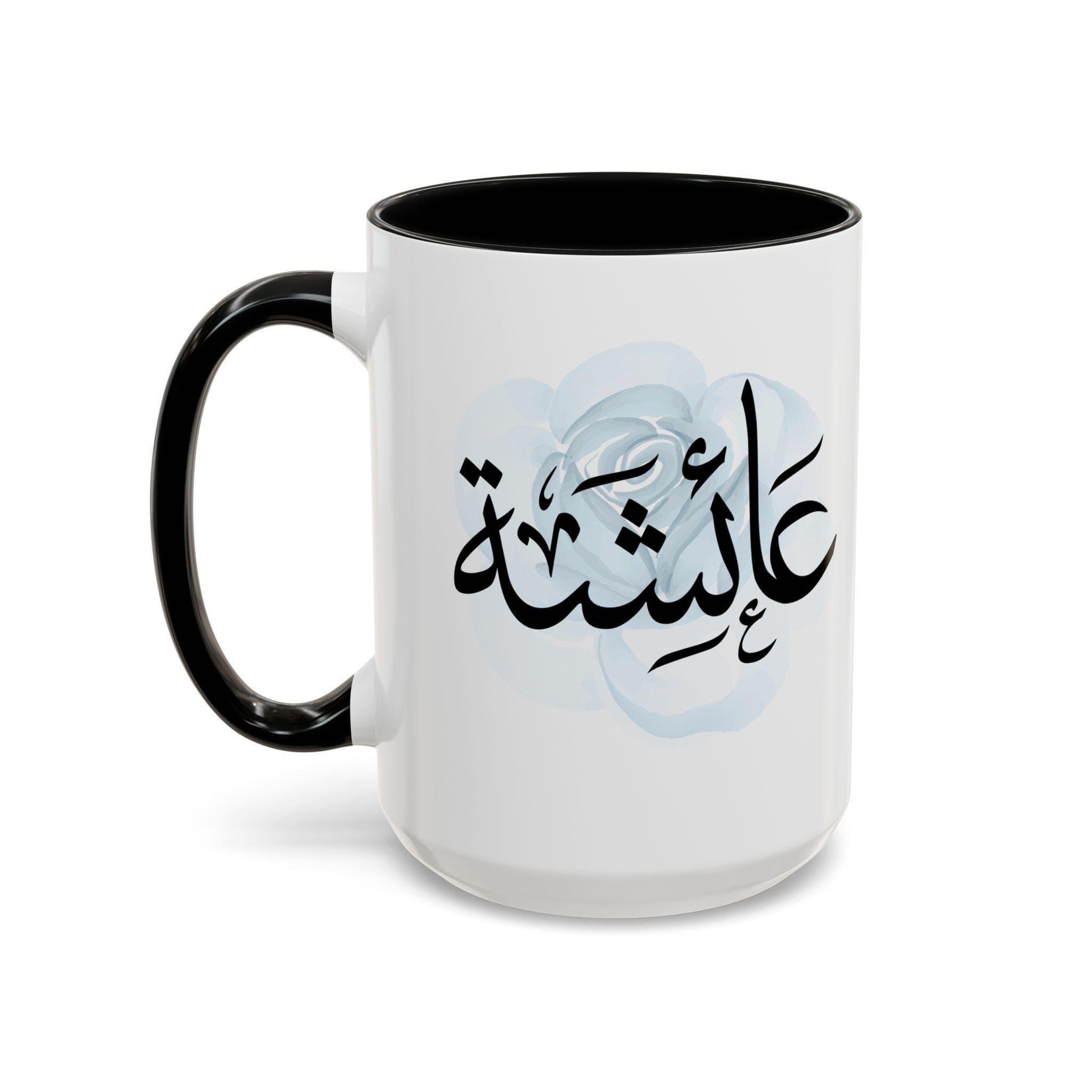 Aisha عائشة in Arabic Calligraphy Coffee Mug | Soft Blue Rose | Elegant Gift for Arab Girl, Eid, Ramadan, Birthday | Ayesha, Aicha, Aisha