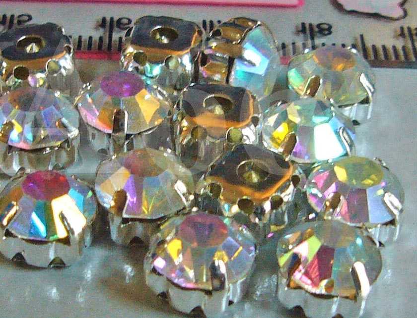 Crystal AB Round Rose Montee Faceted Sew On Acrylic Glass Rhinestone Beads 9mm 15p Vintage Look 4 hole Pronged Silver base Diamond Separator - image 3