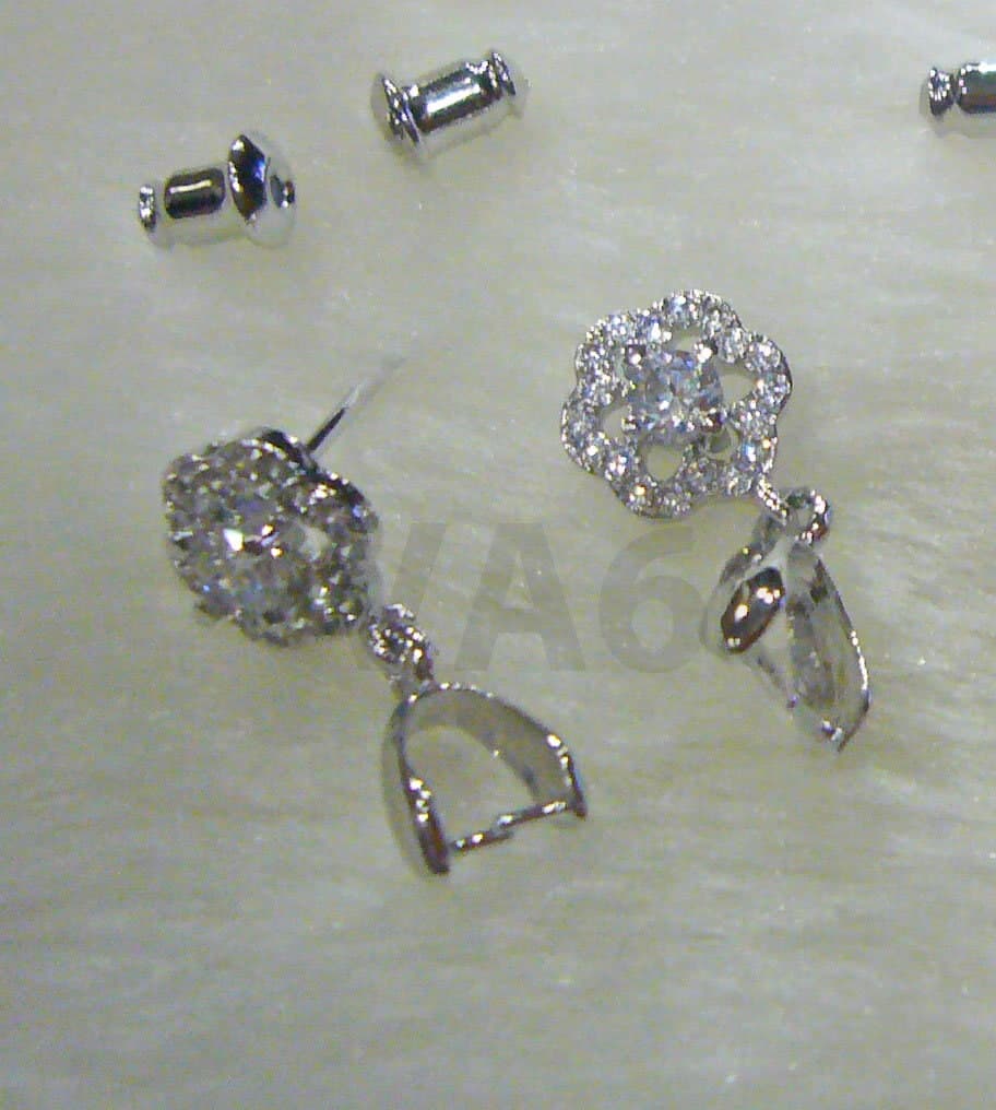 DIY White Gold Plated CZ Stud Earrings Diamond Cut Round CZ stone Small CZs Flower Cubic Zirconia Pendant Bail Jewelry Supplies Findings - image 4