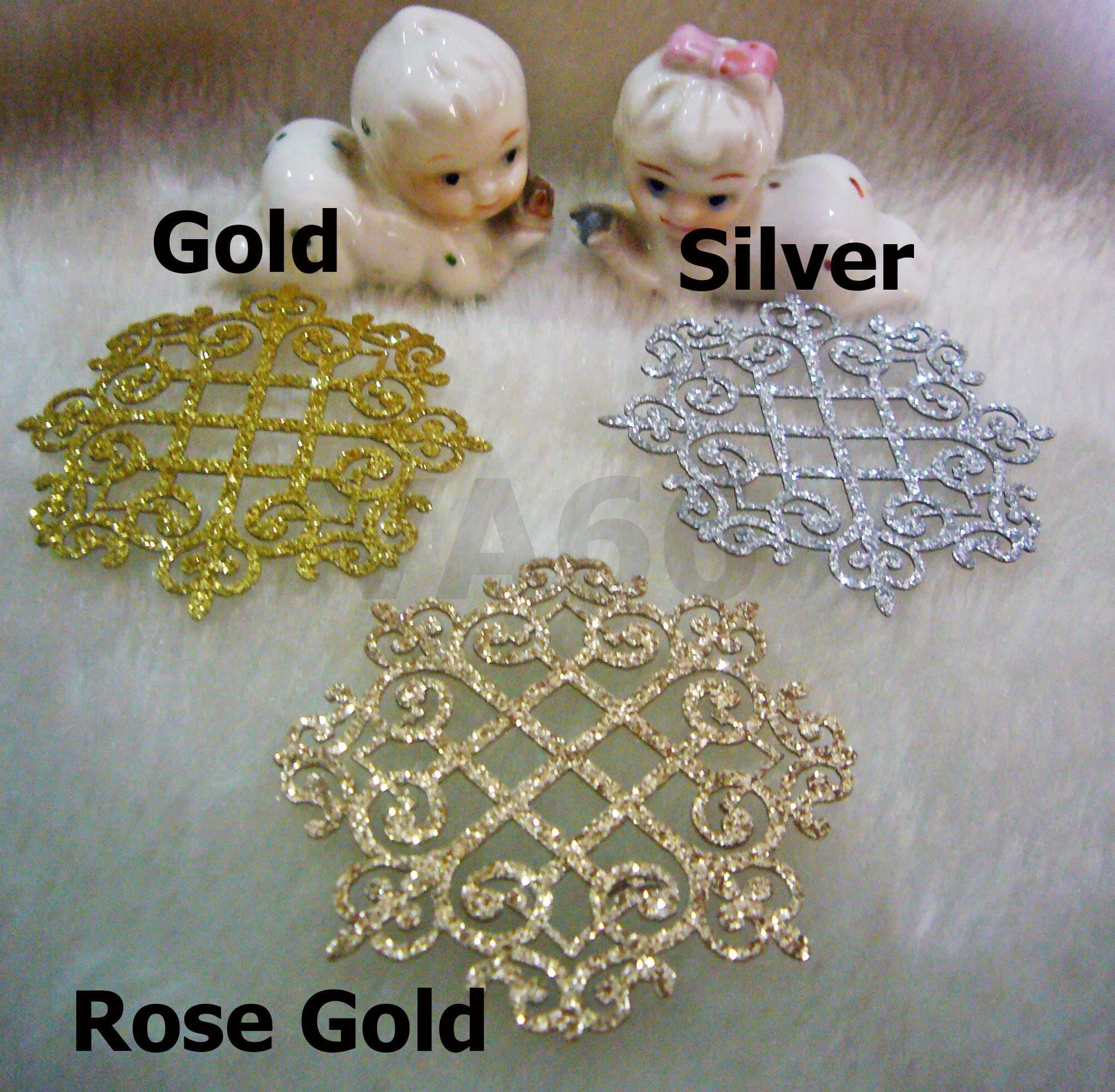 5p Glitter Gold n Rose Gold Silver Iron On Patch Applique Dokoh Filigree Lace Motif Heat Transfer Decals Stickers Embellishment Sewing GRS55