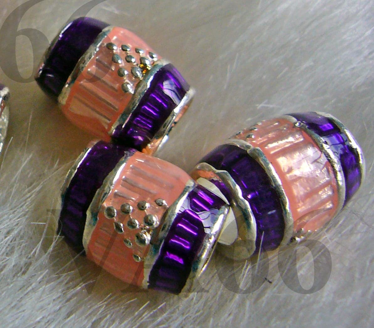 2p Tibetan Peach n Purple Enamel Silver Barrel Beads Spacer Bead Fits European Bracelets Big Hole Bead Craft