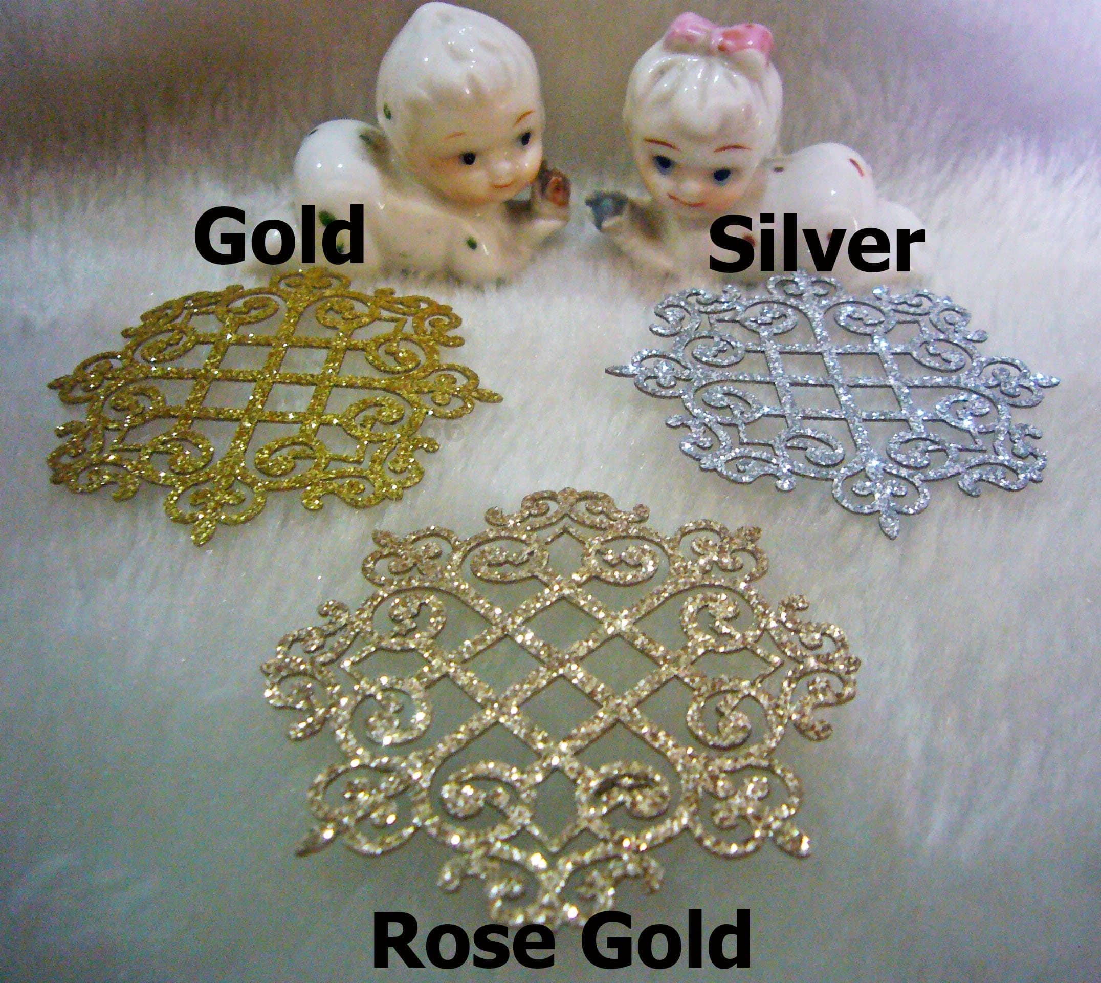 5p Glitter Gold n Rose Gold Silver Iron On Patch Applique Dokoh Filigree Lace Motif Heat Transfer Decals Stickers Embellishment Sewing GRS55 - image 4