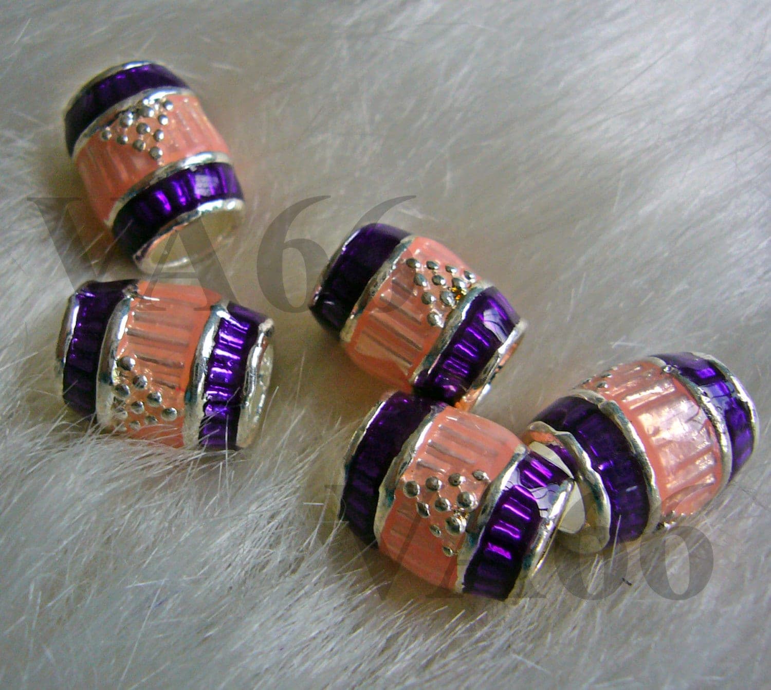 2p Tibetan Peach n Purple Enamel Silver Barrel Beads Spacer Bead Fits European Bracelets Big Hole Bead Craft - image 3