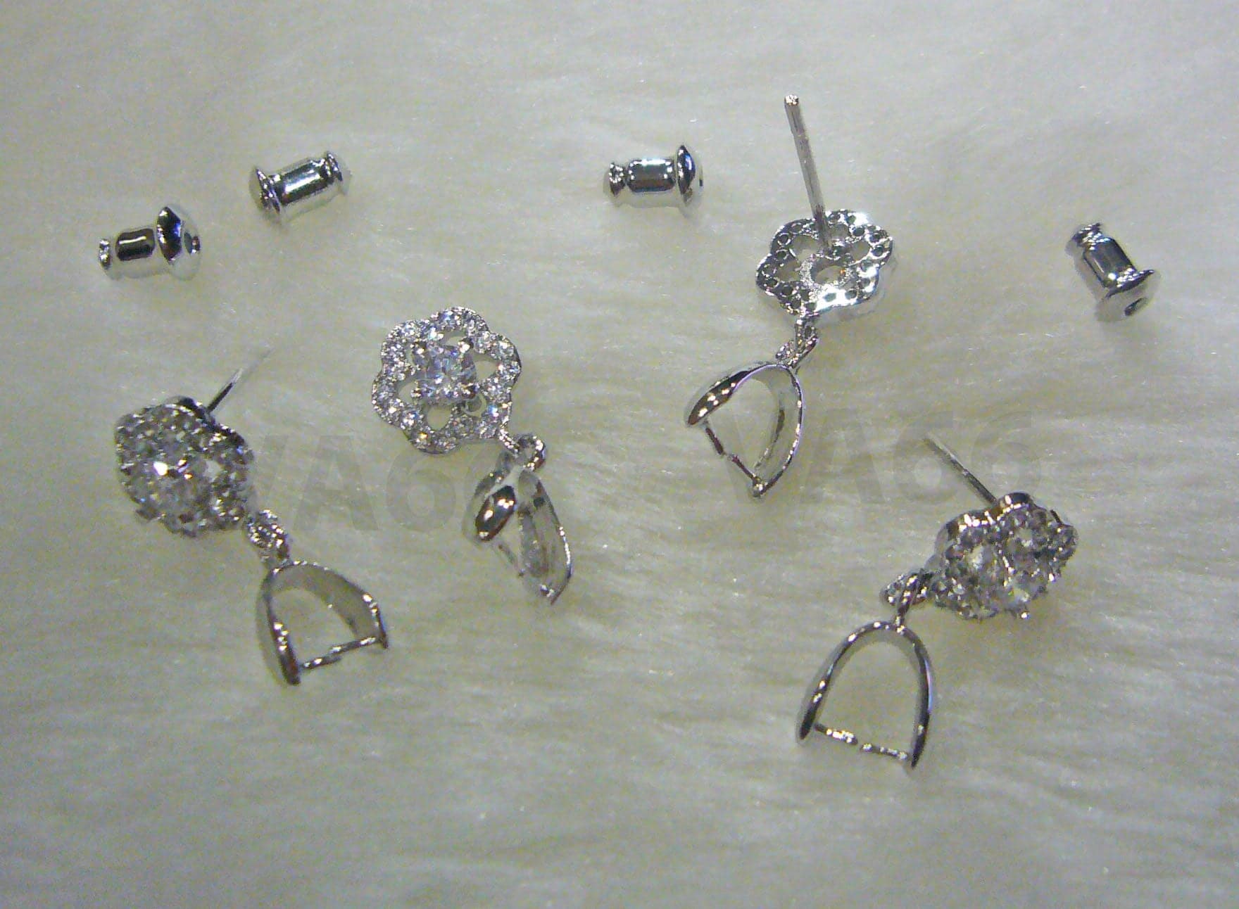 DIY White Gold Plated CZ Stud Earrings Diamond Cut Round CZ stone Small CZs Flower Cubic Zirconia Pendant Bail Jewelry Supplies Findings - image 5