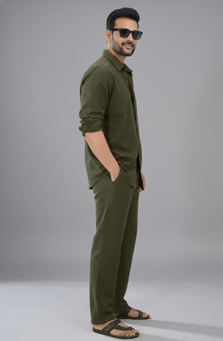 Men's Olive Green Cotton Linen Shirt and Trouser Set | Minimalist Co-ord - image 3