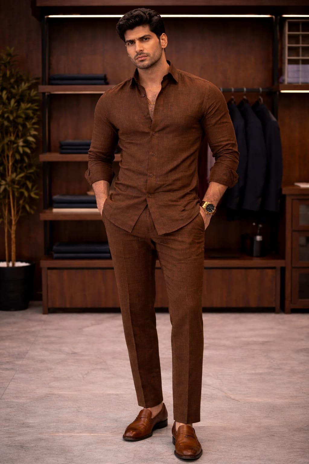 Brown Linen Cotton Shirt and Trouser Set, Slim Fit Menswear Outfit