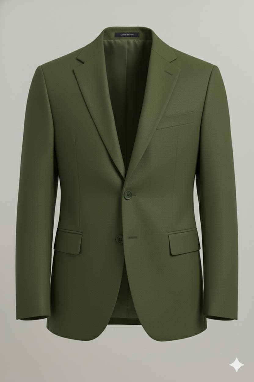 βMenβs olive green blazer jacket with notch lapel, single-breasted design, front button closure, and flap pockets, shown on a plain background.β