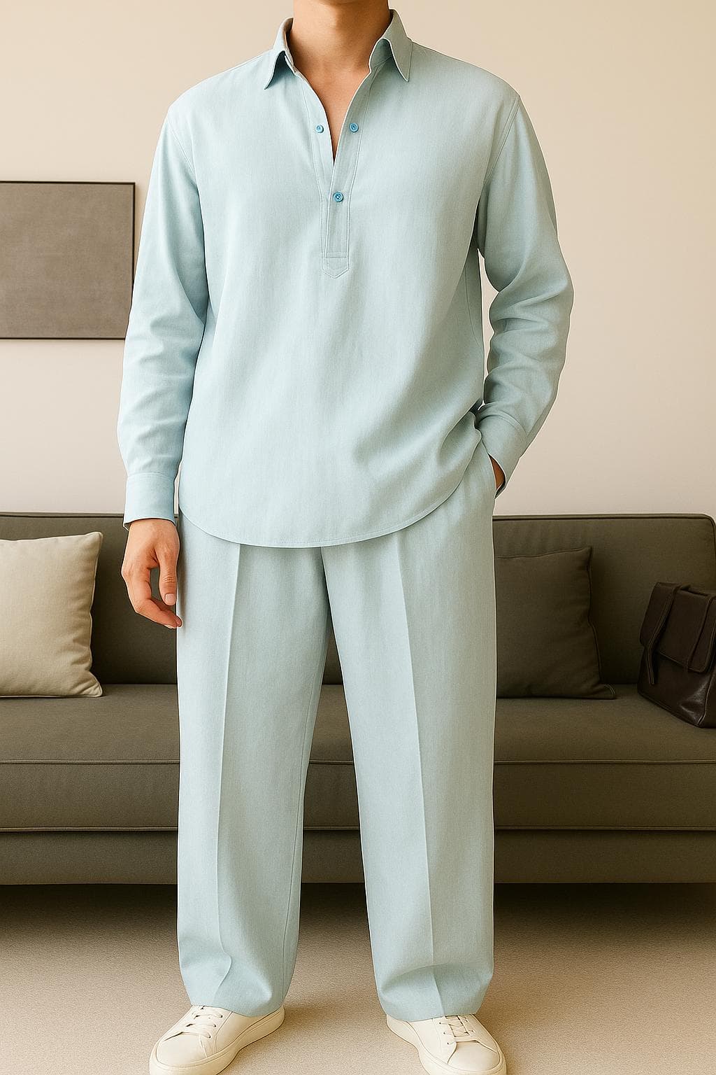 Men's Light Blue Cotton Kurta Pant Set: Relaxed Fit Resort Wear