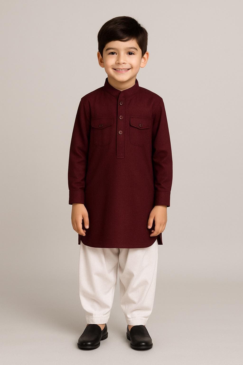 Kids Wine Pathani Kurta with White Shalwar: Boys Ethnic Eid Outfit