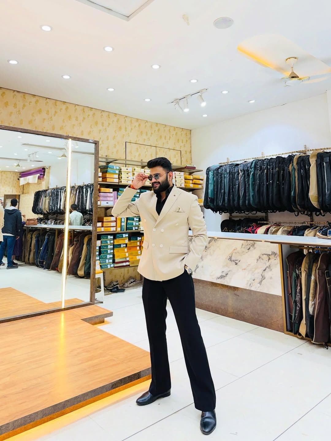 Men's Cream Double Breasted Blazer Set | Terry Rayon, Black Trousers
