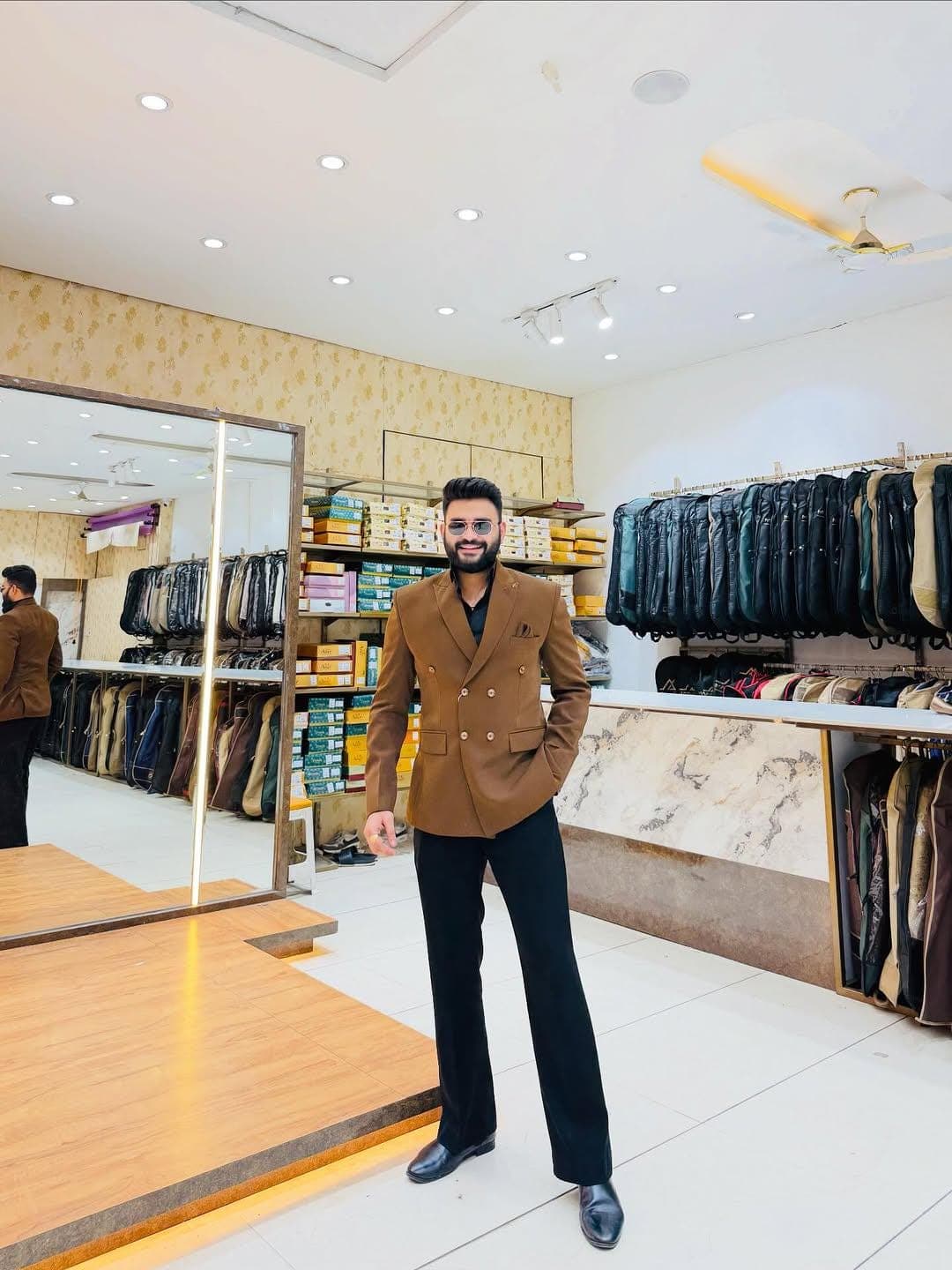 Men's Camel Brown Double Breasted Blazer Suit | Tailored Terry Rayon Formal Wear