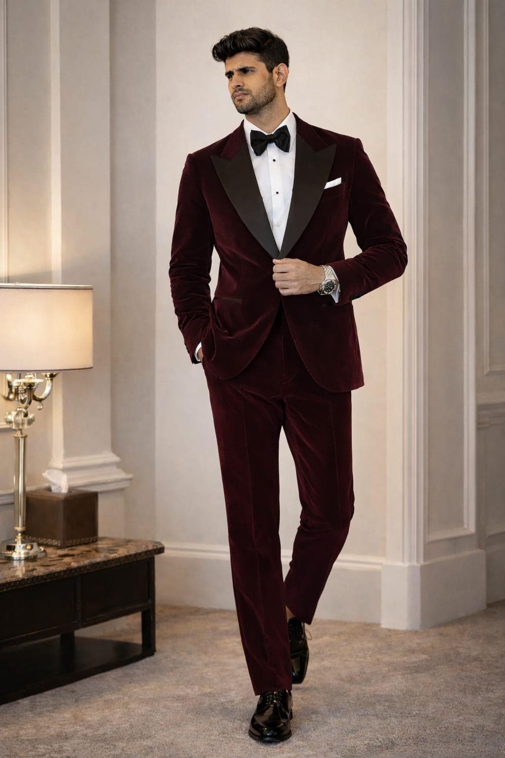 Men's Burgundy Velvet Tuxedo Suit, Slim Fit Formal Blazer Set, Wedding Groom Outfit - image 3