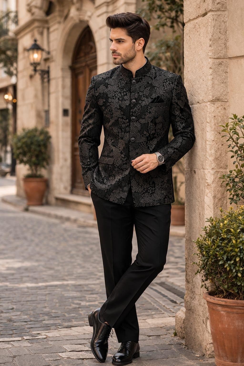 Men's Black Embroidered Bandhgala Blazer | Indo Western Jacquard Jacket