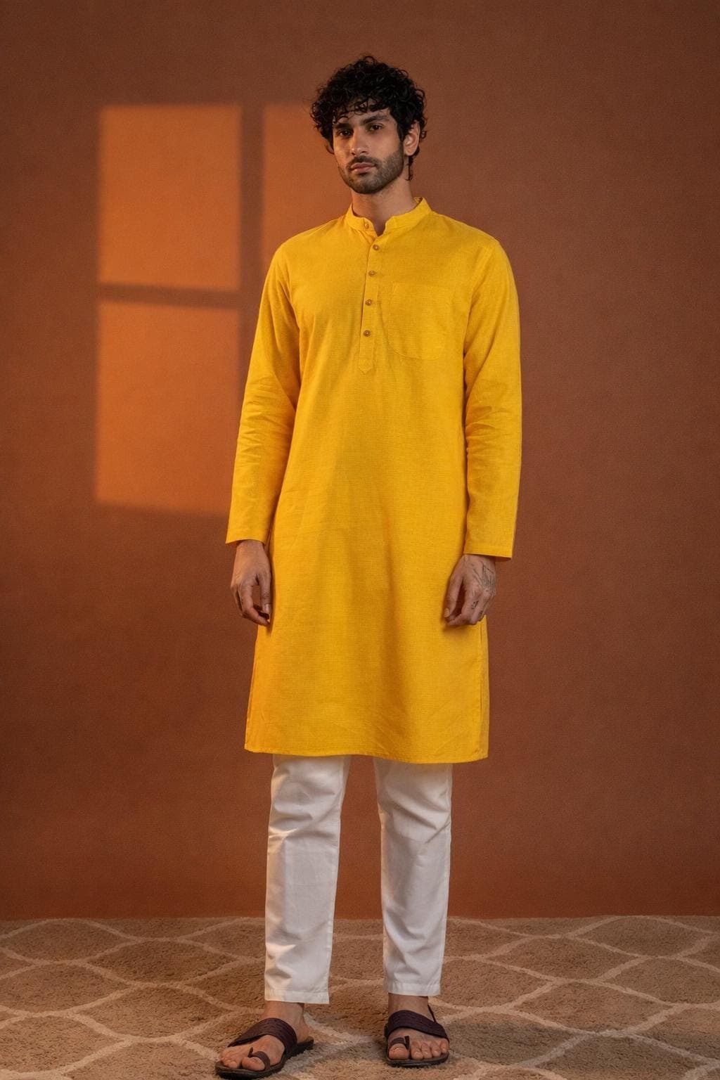 Men's Yellow Cotton Blend Kurta Pajama Set | Indian Ethnic Festive Wear - image 5