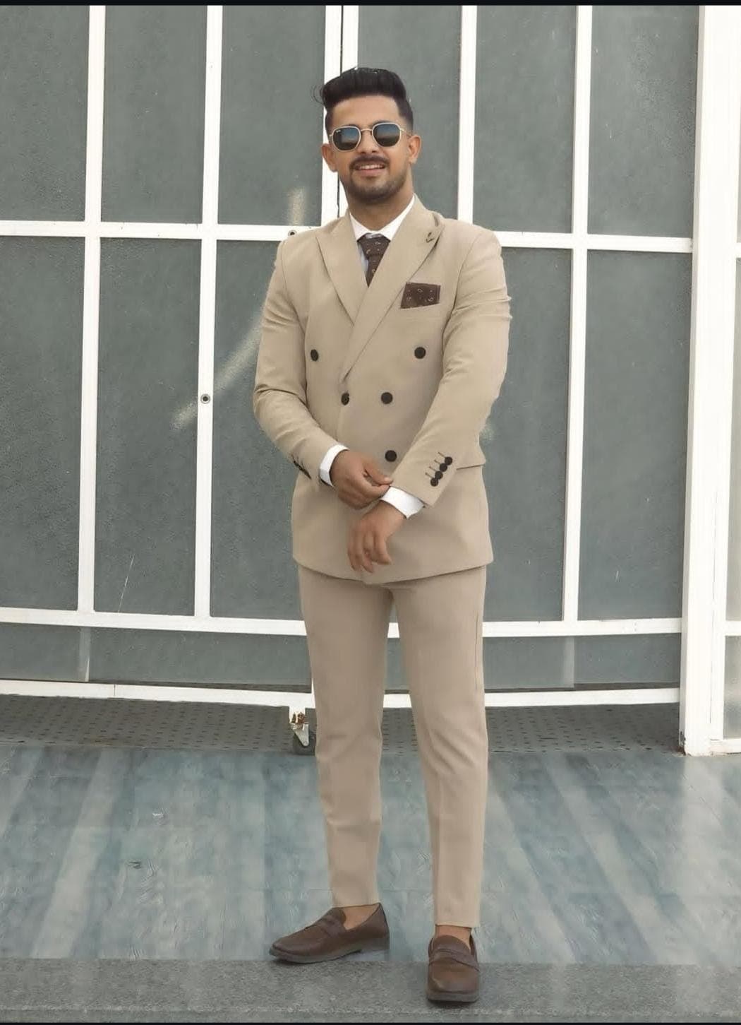 Men's Beige Double Breasted Suit | Slim Fit Wedding Blazer & Trousers