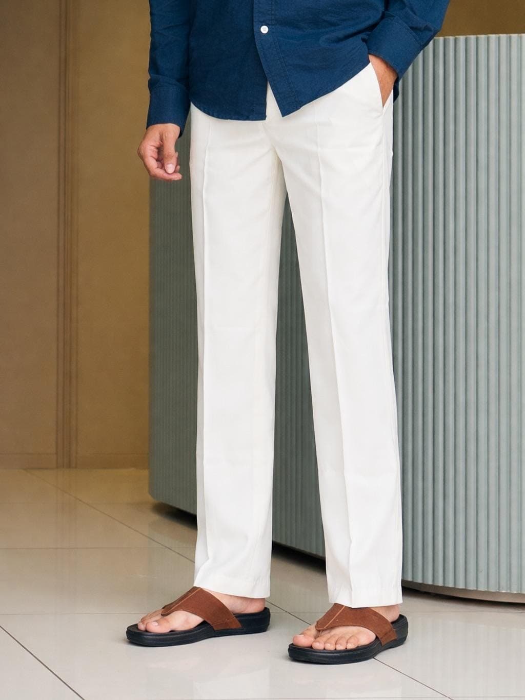 Men's White Straight Fit Trousers | Minimal Style Casual Pants