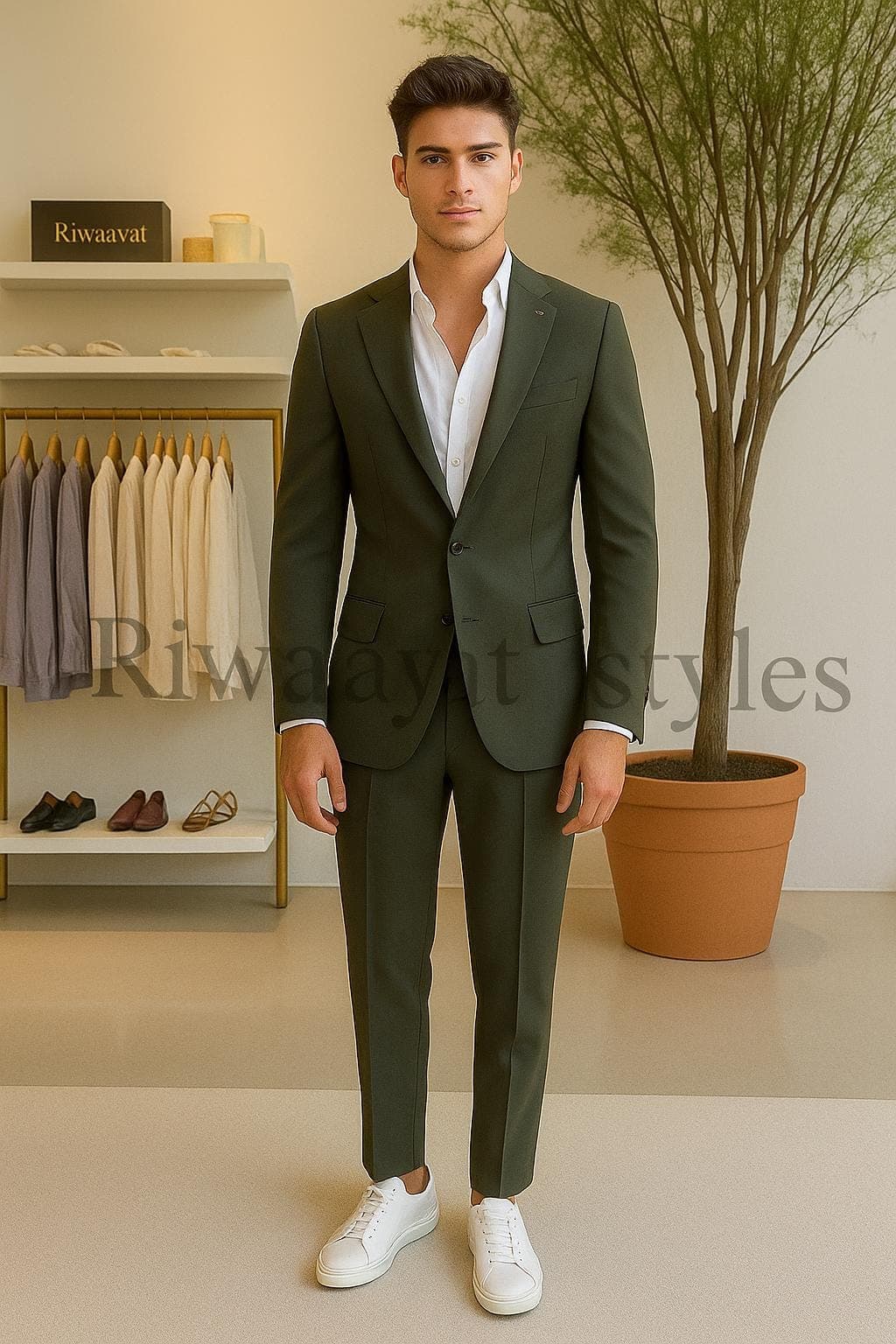 Men's Slim Fit Olive Green Suit: 2-Piece Blazer & Pants