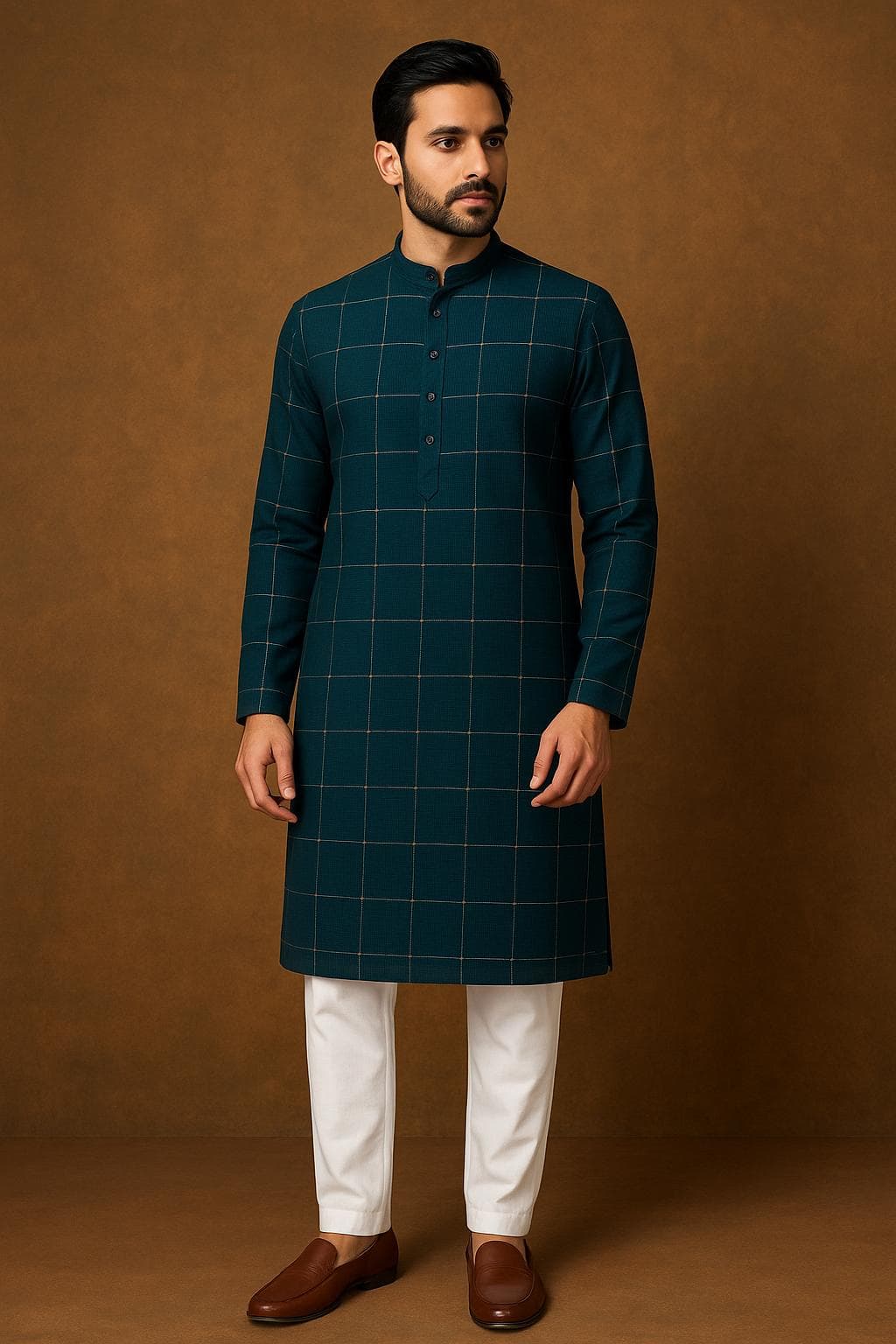 Dark Peacock Blue Checkered Kurta Pajama: Indian Pakistani Wedding Outfit
