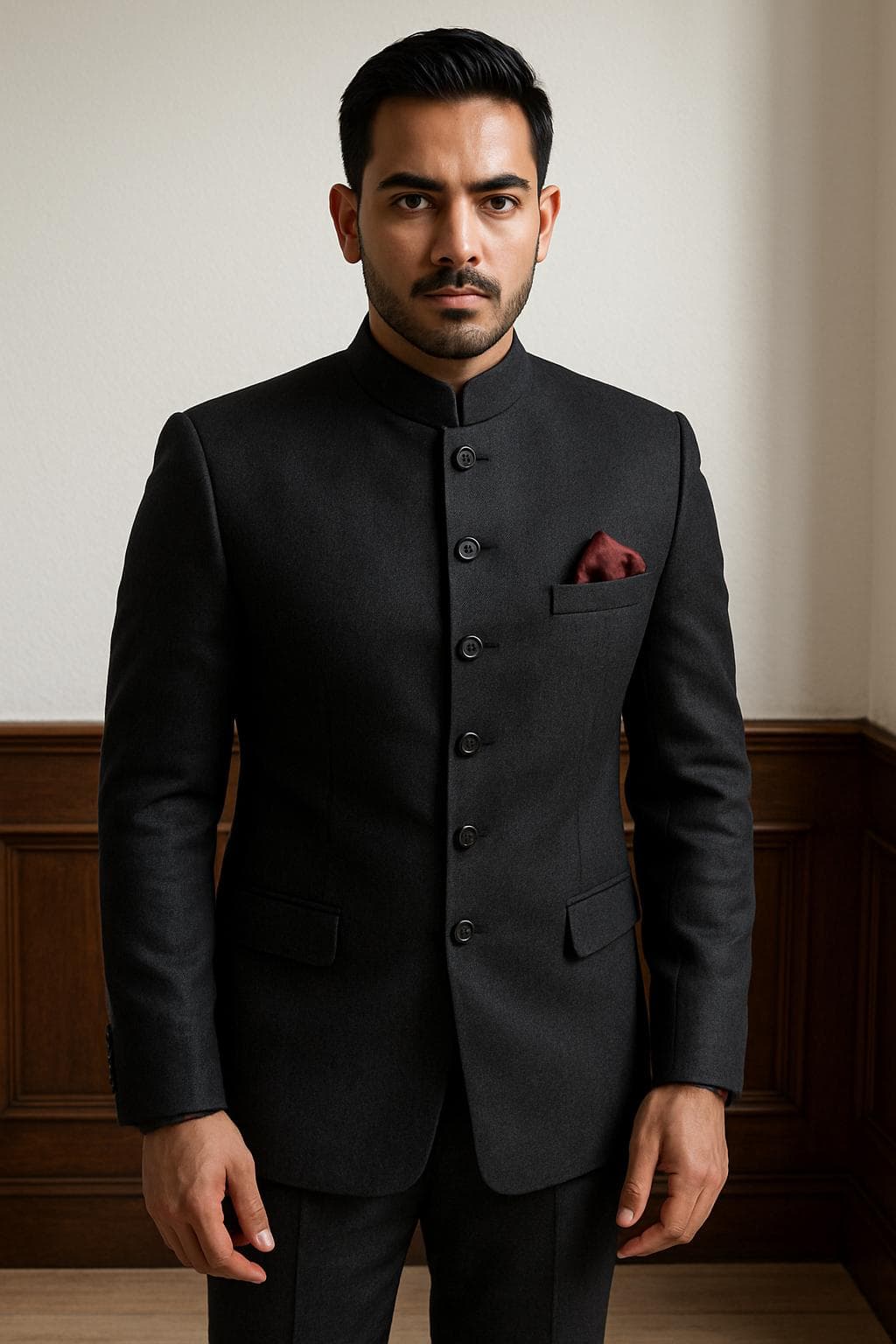 Men's indo western Jodhpuri Suit: Nehru Collar Bandhgala Jacket, Burgundy Pocket Square