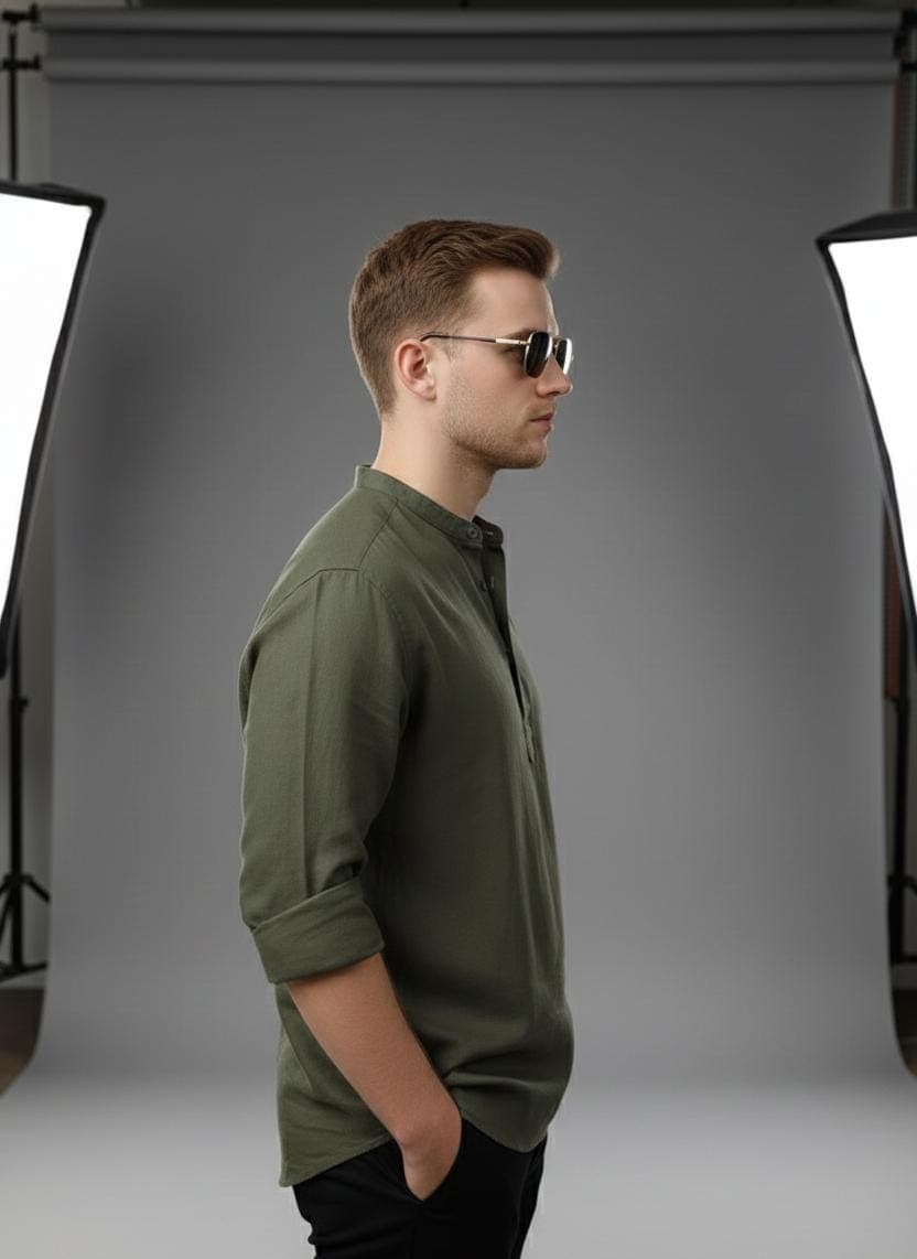 Men's Short Kurta Shirt | Olive Green Cotton Linen Top - image 3