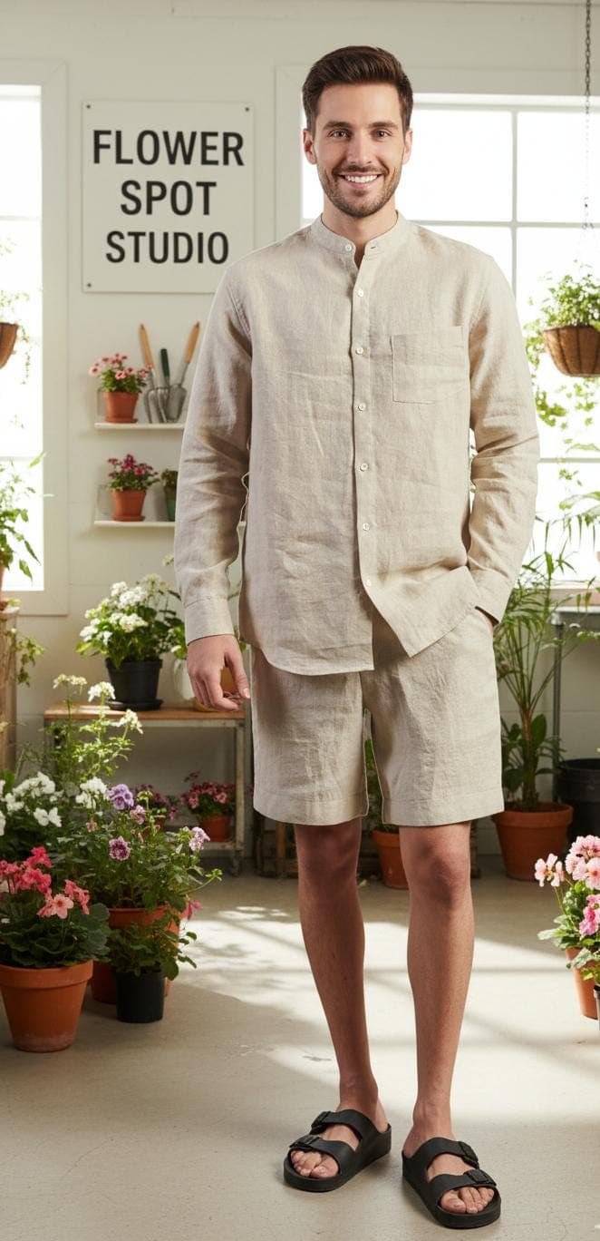 Men's Linen Co-ord Set | Handmade Beige Shirt & Shorts