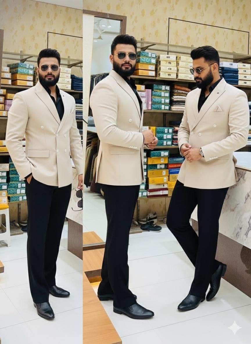 Men's Cream Double Breasted Blazer Set | Terry Rayon, Black Trousers - image 5