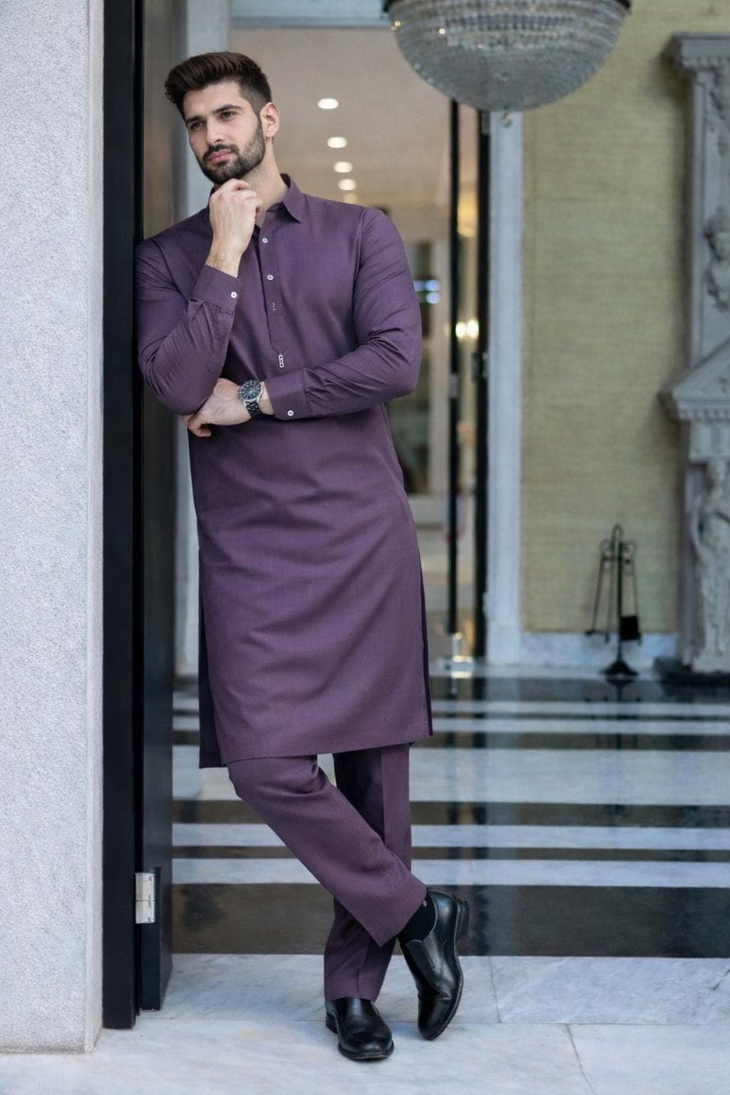 Stylish formal ethnic outfit for men in deep plum shade with modern slim trousers.