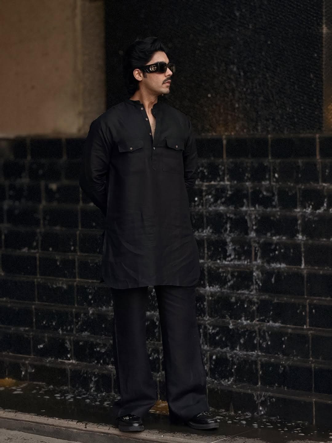 Men's Black Pathani Kurta Pajama Set – Linen Cotton Traditional Eid Outfit