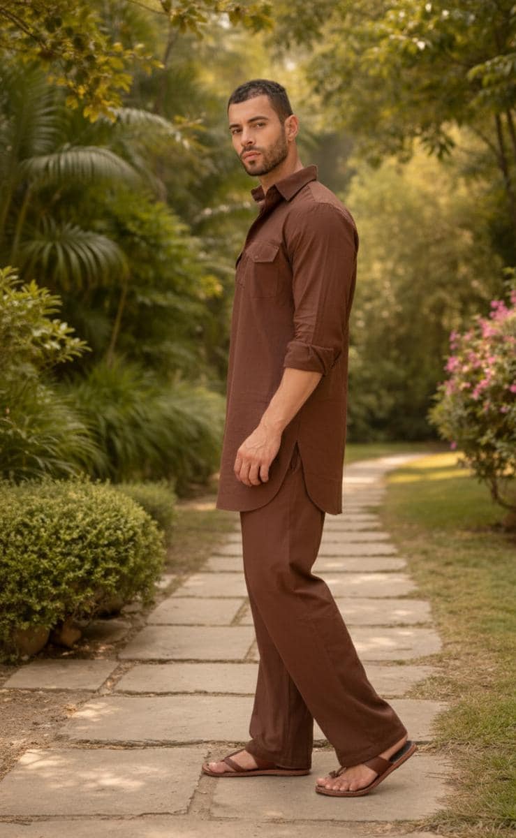 Men's Brown Cotton Pathani Kurta Pajama Set | Ethnic Wear - image 3