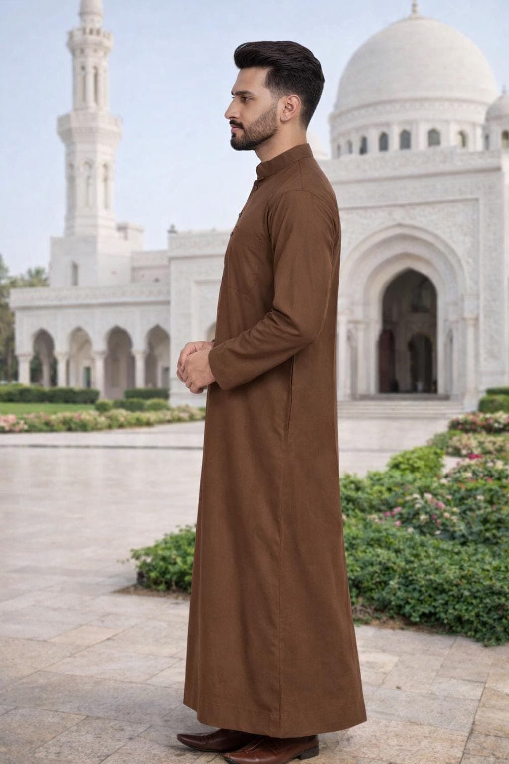 Men's Brown Cotton Blend Long Kurta Jubba | Modest Islamic Wear - image 3