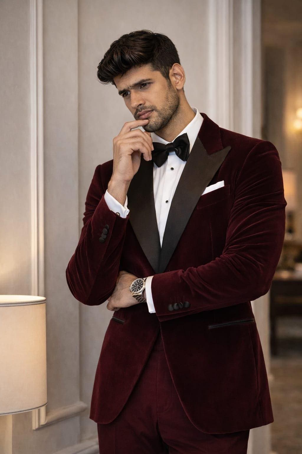 Men's Burgundy Velvet Tuxedo Suit, Slim Fit Formal Blazer Set, Wedding Groom Outfit - image 4