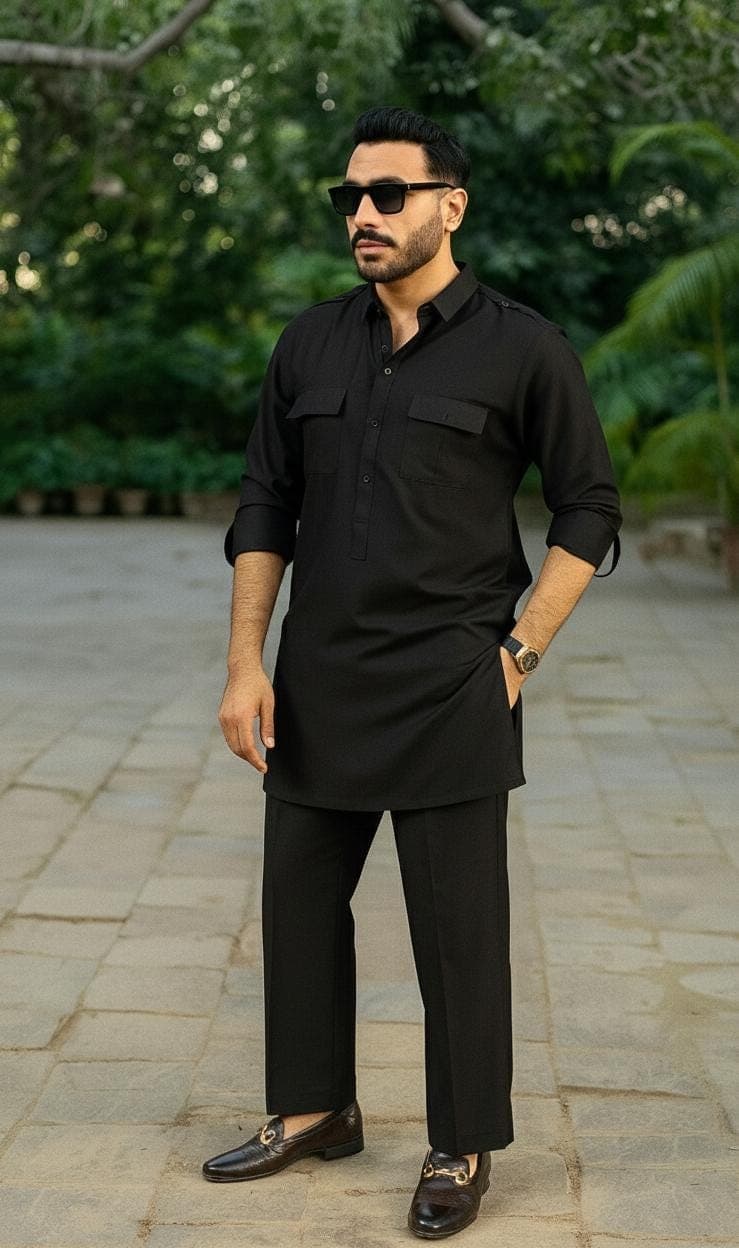 Black Cotton Blend Kurta Pajama Set: Traditional Indian Pakistani Outfit