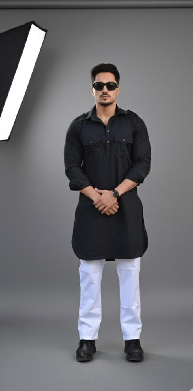 Men's Black Cotton Kurta Pajama Set | Minimalist Indian Outfit