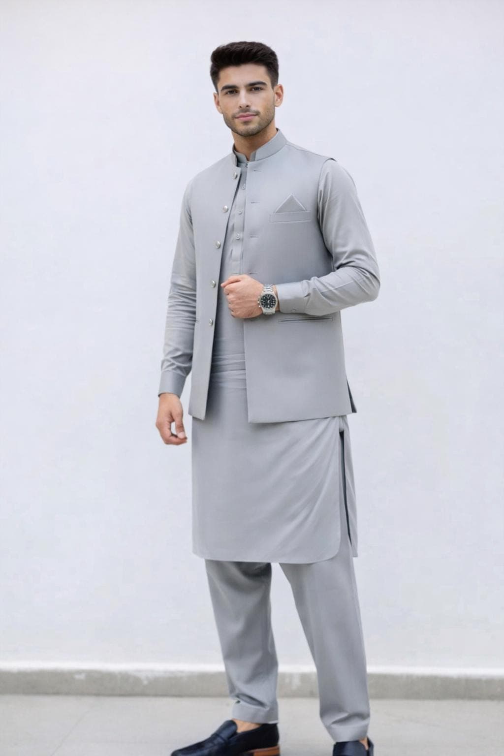 Men's Grey Kurta Pajama Set with Nehru Jacket, Giza Cotton Pakistani Style